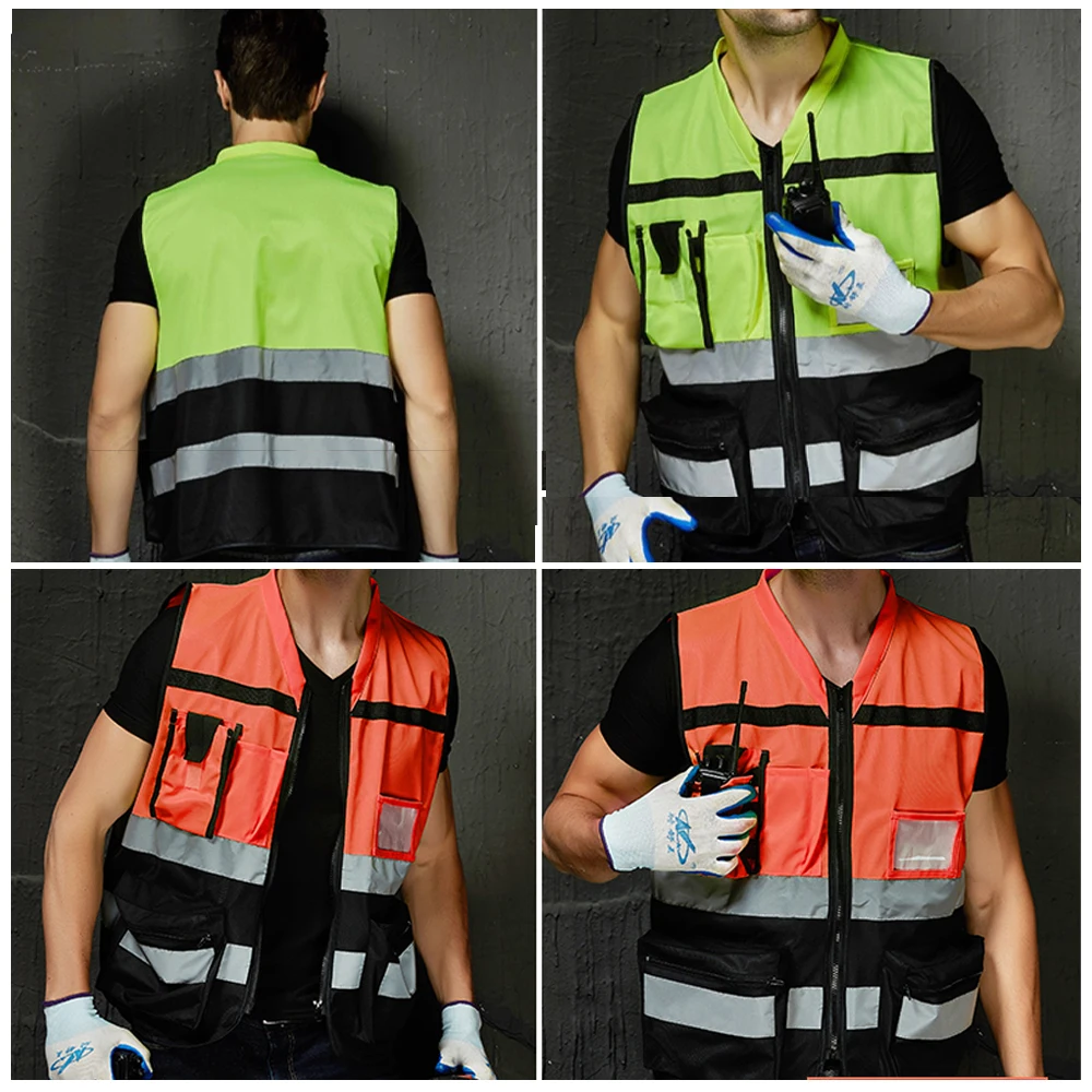 Custom LOGO Safety Vests with Pockets and Zipper Construction Working Clothes High Visibility Security Clothing