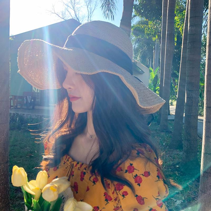 Women's Summer Beach Straw Hat Foldable Large Brim Korean Japanese Sle Trendy  Face Covering Sun Protection Hat