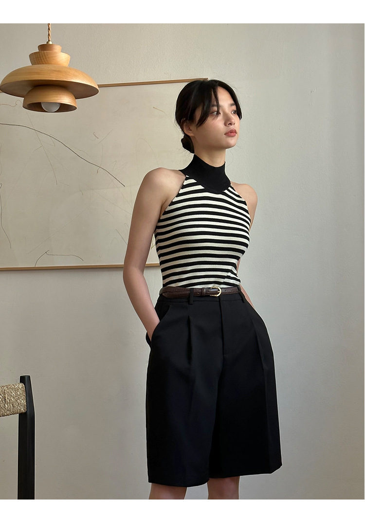 Shorts de perna larga solta de cintura alta feminino com cinto, verão casual