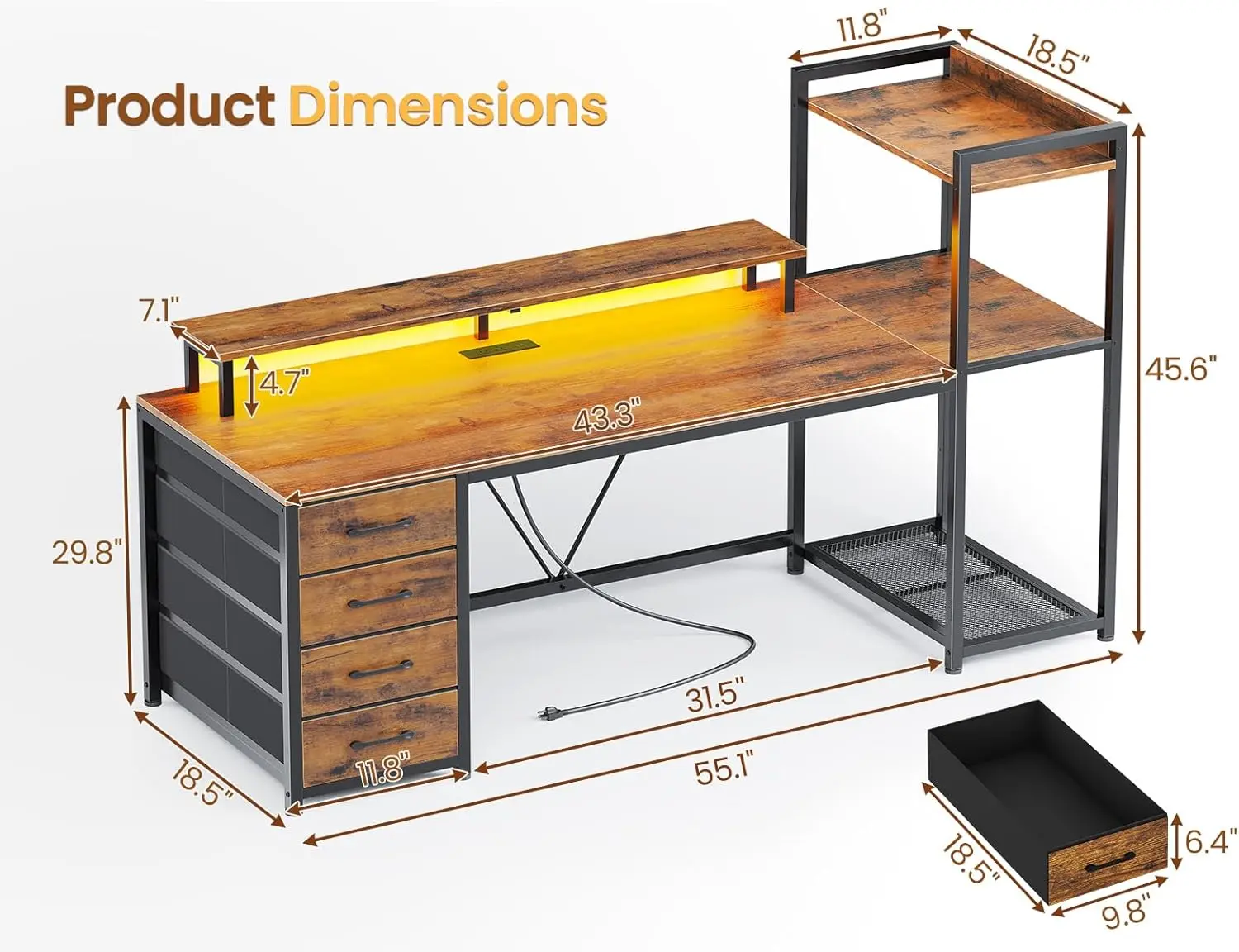 55" Computer Desk with 4 Drawers and Shelves, Gaming Desk with LED Lights & Power Outlets, Home Office Desk with Large Storage