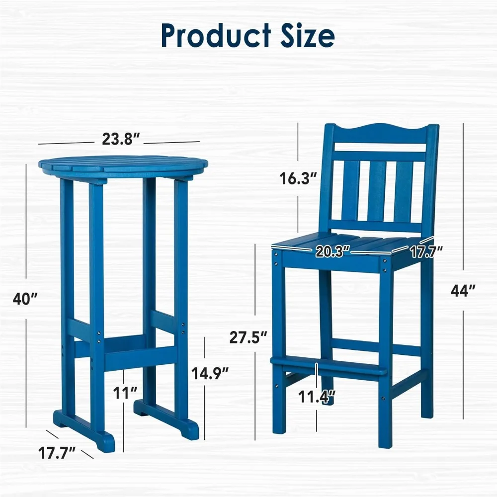 Outdoor Bar Chairs and Table Set, HDPE Balcony Adirondack Chairs and Table 3 Pieces Set, Outdoor Bar Stools Set for Garden