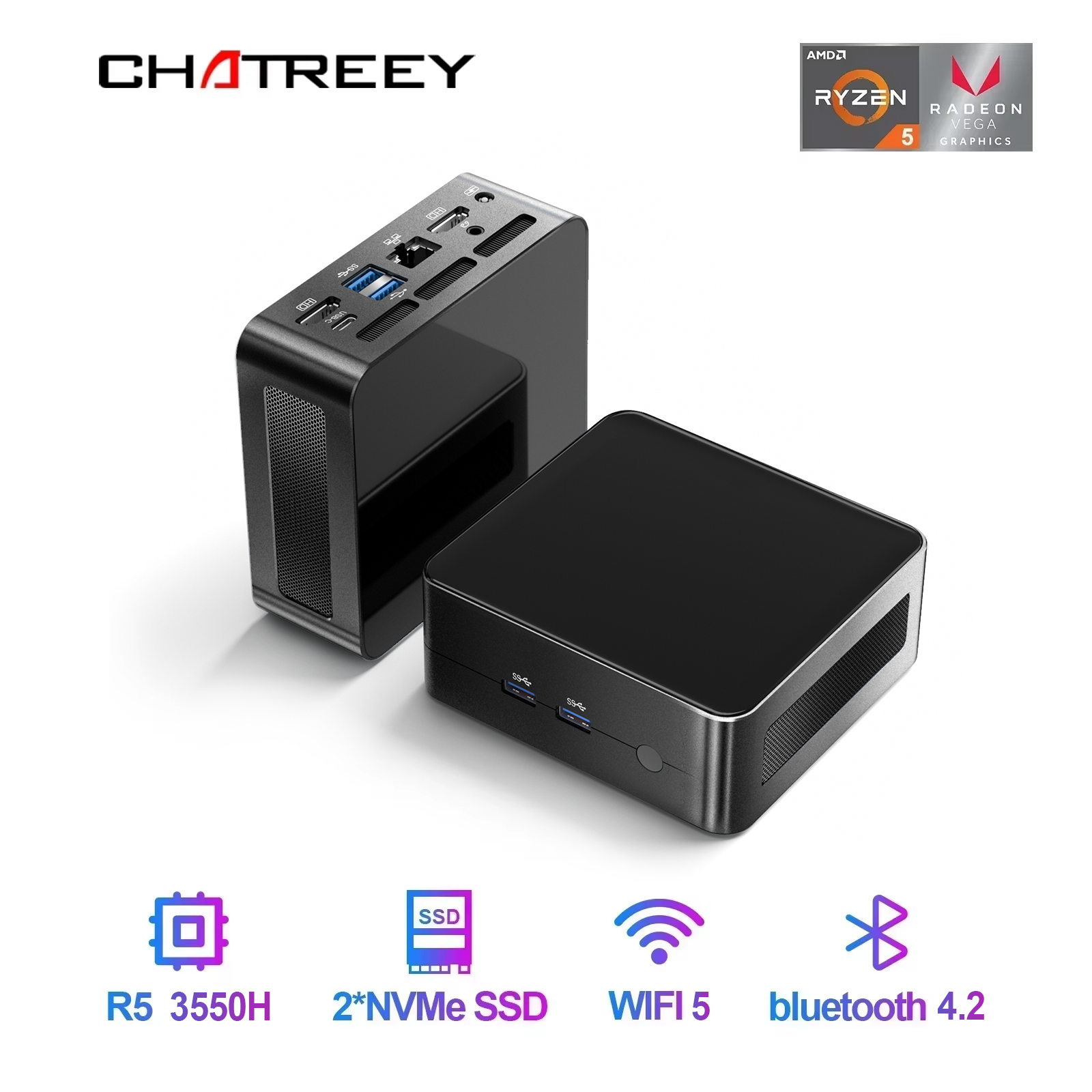 Chatreey AN2C Mini PC R5 3550H Computador de mesa para jogos NVME SSD WIFI5 HD Windows 11 Pro