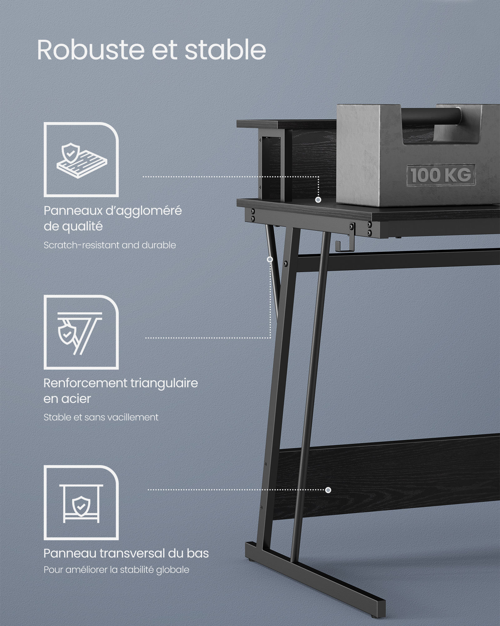 VASAGLE Bureau Gaming avec LED et Multiprise, Table Gamer, Bureau Informatique avec Rehausseur d’Écran, pour 2 Ordinateurs, pour Chambre, 60 x 100 x 76 cm