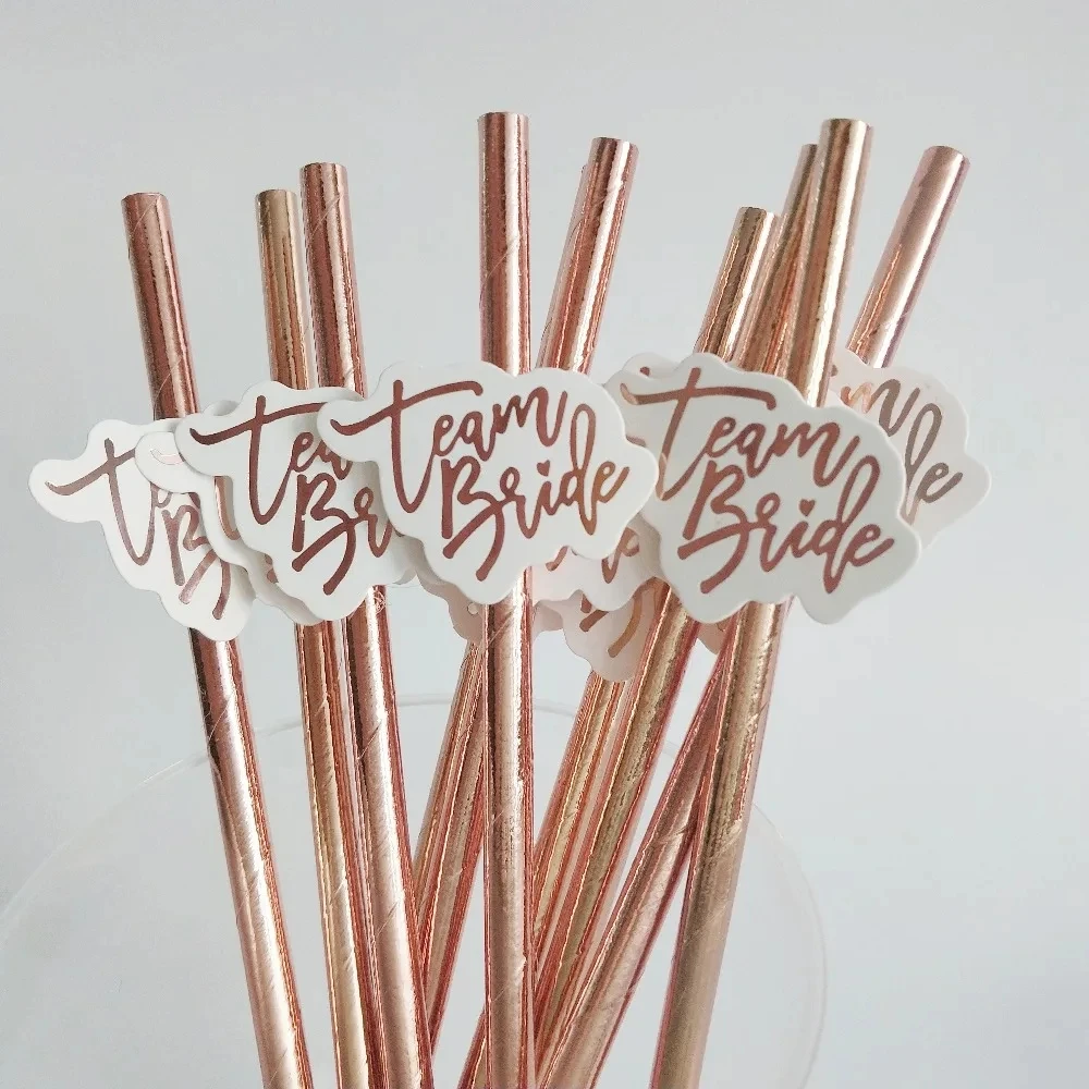 10 Uds. Pajitas de novia de equipo de oro rosa, suministros de decoración para fiesta de despedida de soltera y boda