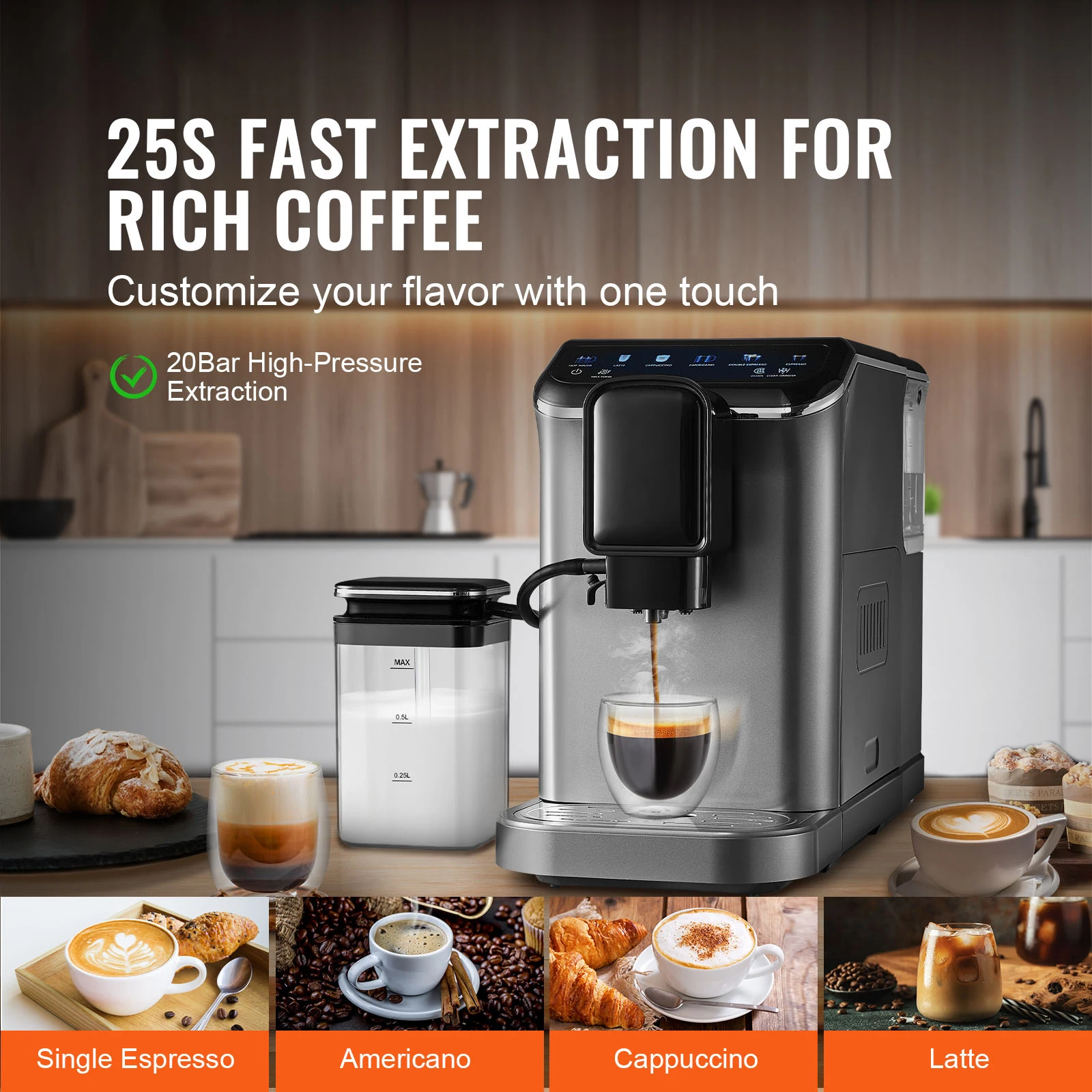 Máquina de café expreso automática SucceBuy, máquina de café con leche con pantalla táctil a Color, 15 niveles de molienda y depósito de leche extraíble