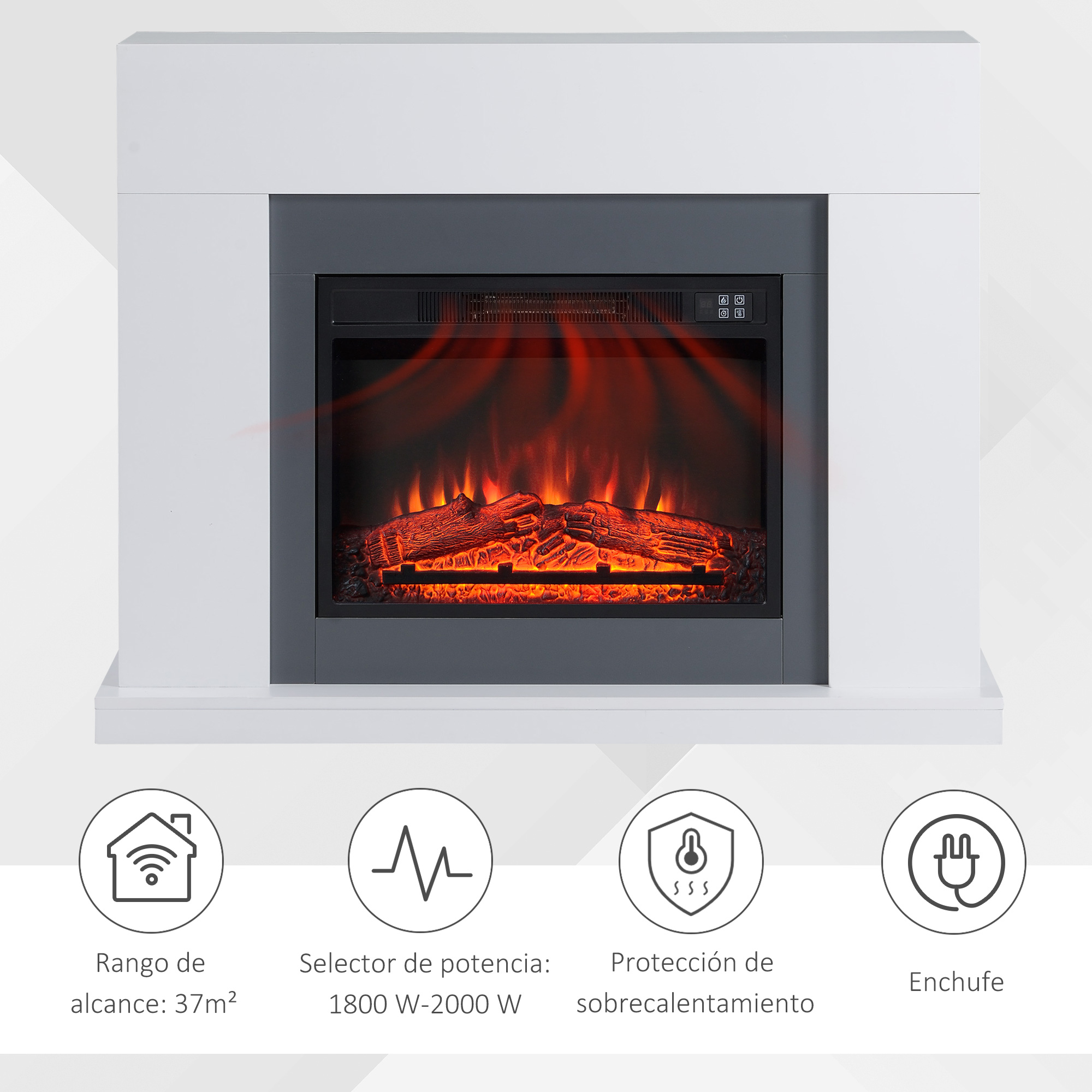 HOMCOM-Chimenea Eléctrica con Mando, Llama Ajustable, Termostato, 1800W-2000W