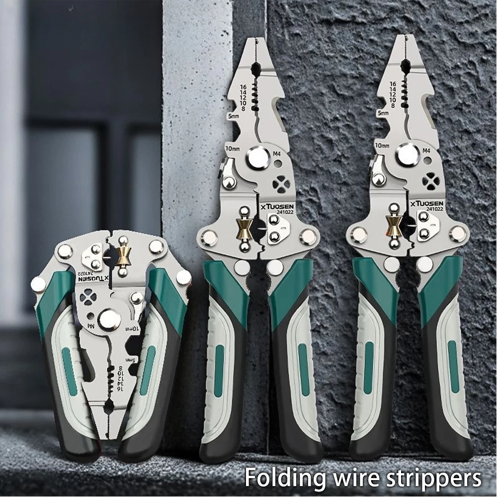 Heavy-duty multifunctional wire stripper, foldable, with stripping, crimping, cutting and twisting functions
