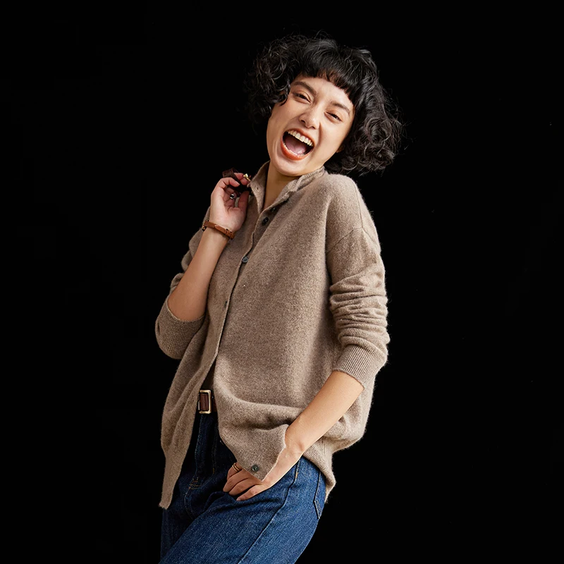 Женский приталенный шерстяной кардиган с полувысоким воротником, однотонный кашемировый вязаный свитер с длинными рукавами, универсальное повседневное пальто