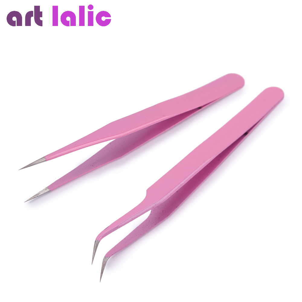 2pcs Pink Stainless Steel Tweezers Straight Curved Pick Up Tools Eyelash Extension Pointed Nipper Clip Manicure Nail Art Tool