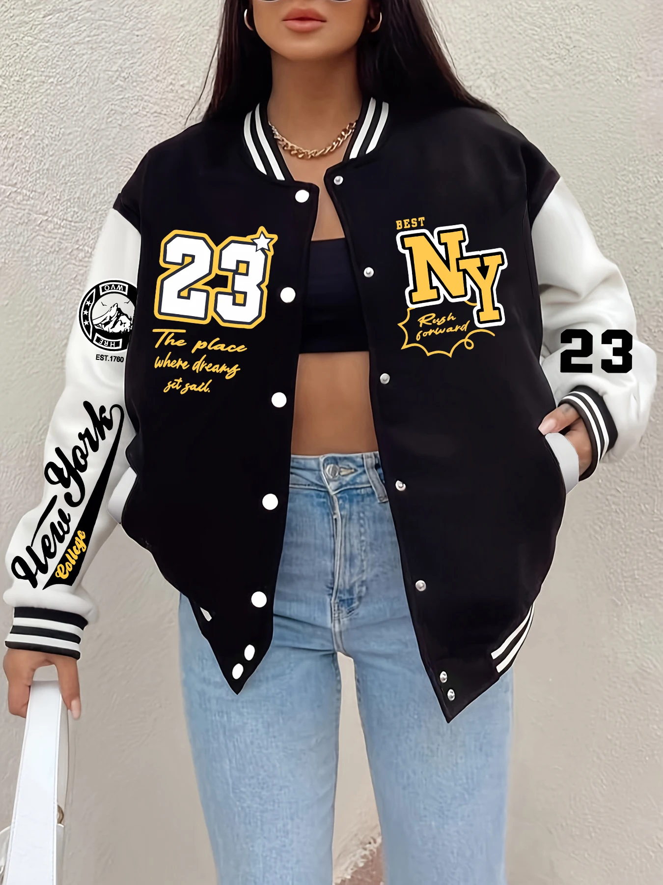 New York Art Letter 23. Bedruckte Damenjacke, Harajuku, Fleece, Baseball-Jersey, Knopf, Persönlichkeit, Streetwear, Vintage, lockere Kleidung