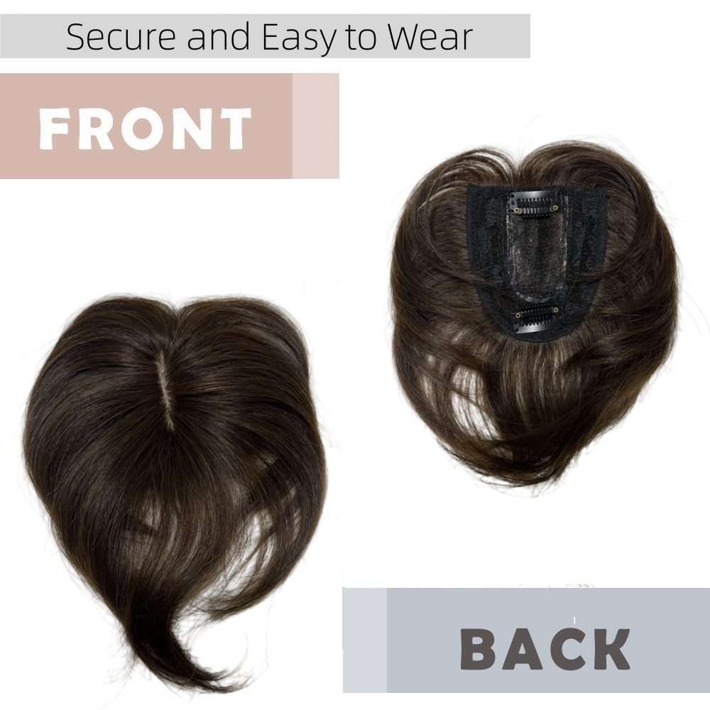 Topper de cabelo humano curto e reto, 6 polegadas, parte intermediária, pequeno e fino, franja para perda de cabelo suave para mulheres e homens