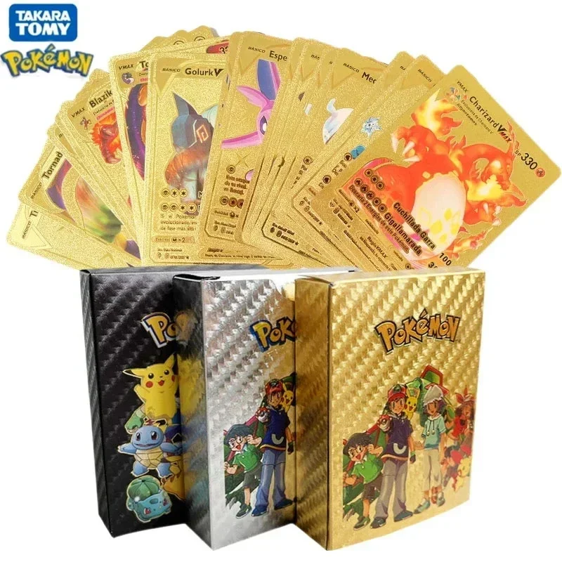 10-110Pcs Pokemon Cards Gold Foil Golden Letters English Spanish French German Game Card Metalicas Charizard Vmax Gx Series Gift