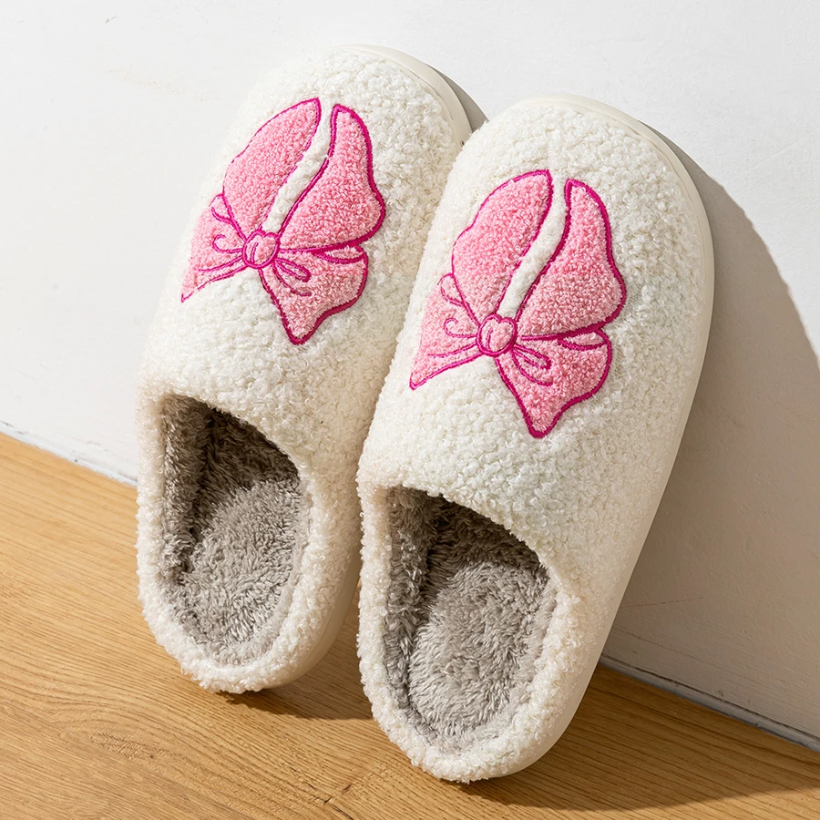 แฟชั่นน่ารักสวยโบว์ผู้หญิงรองเท้าแตะในร่มฤดูหนาว Soft Sole ประณีต WARM Graceful Causal หอพัก Comfy แบนรองเท้าผ้าฝ้าย