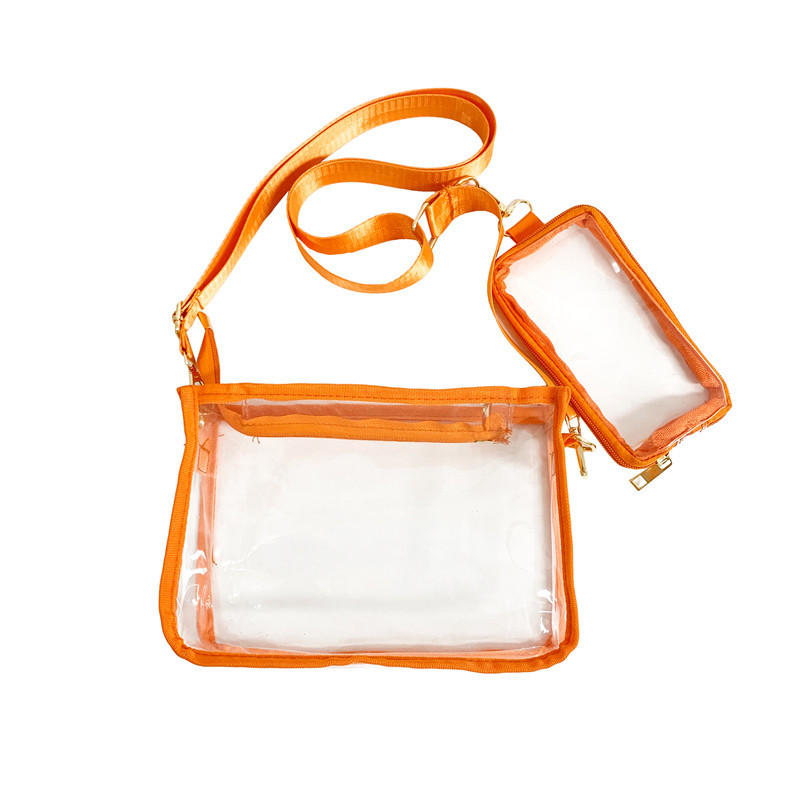 แนวโน้ม PVC โปร่งใสไหล่กระเป๋าสะพายข้างสีชมพูสีส้มขนาดเล็กความจุกันน้ํา Street กระเป๋าสะพายสตรีกระเป๋าลําลองผู้ชาย