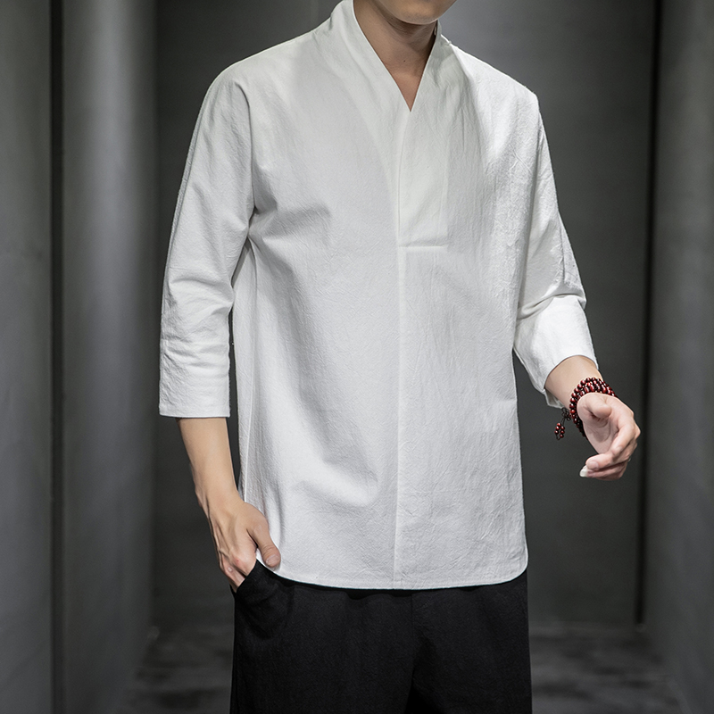Hemden Männer Solide Pullover V-ausschnitt Drei Viertel Herren Kimono Shirts Traditionelle Streetwear Bluse Chinesischen Stil Leinen Shirts Mann