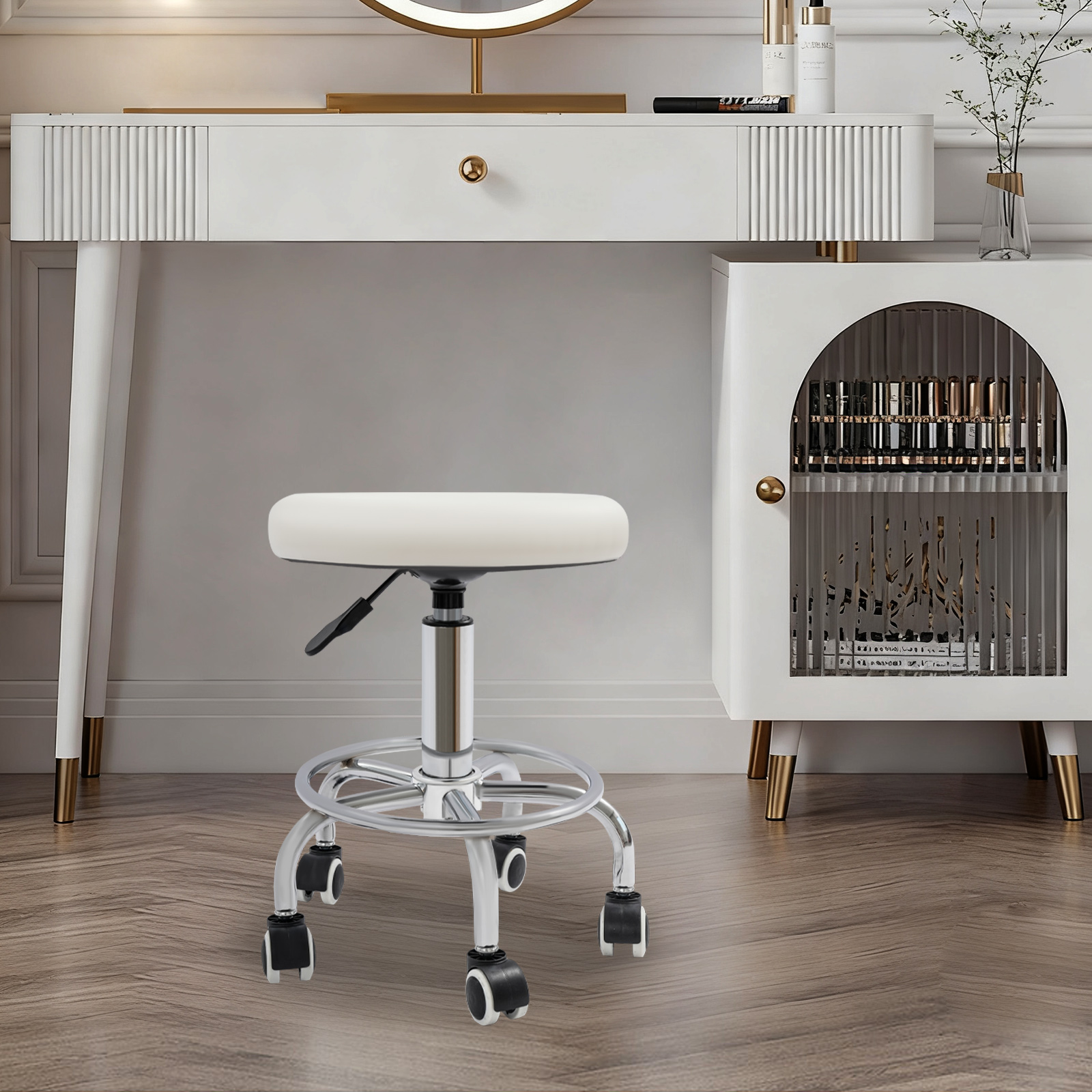 Taburete de salón neumático ajustable, 45-57cm, 150kg de carga, silla giratoria de cuero de PVC blanco para uñas, belleza del cabello, maquillaje, SPA, peluquero