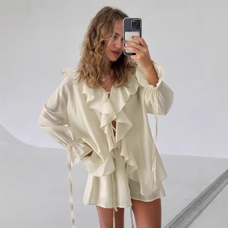 Tuularose, новые повседневные шорты, комплект из двух предметов, женский свободный топ с рюшами и галстуком, простой комплект шорт, офисный женский летний комплект с шортами