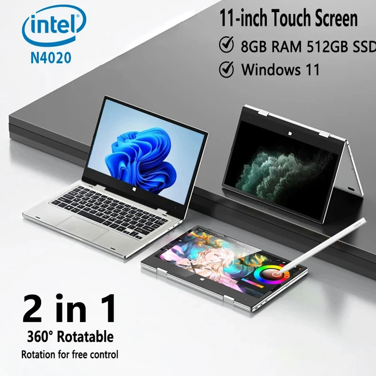 11.6-Inch 2-in-1 Touchscreen Intel Laptop Tablet Windows 11 Pro 8GB DDR4 RAM 128GB/256GB/512GB SSD  Portable Study Computer