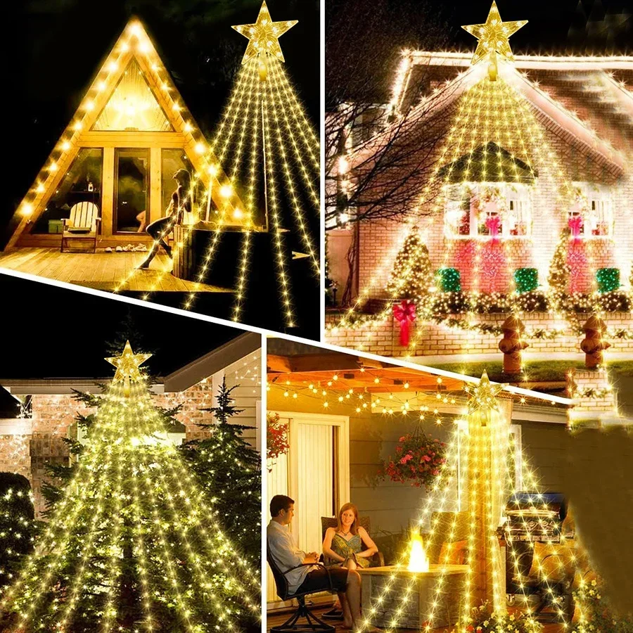 9X3M 288LED Outdoor Weihnachten Wasserfall Stern String Licht Beleuchtete Wasserfall Baum Hängen String Licht Topper Stern Fee licht