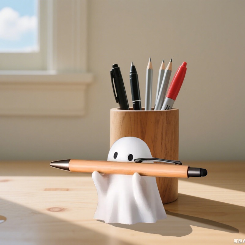 Cute Halloween Ghost Pen Holder Little Ghost Statue Design Pencil Support for Home Office Desktop Decoration