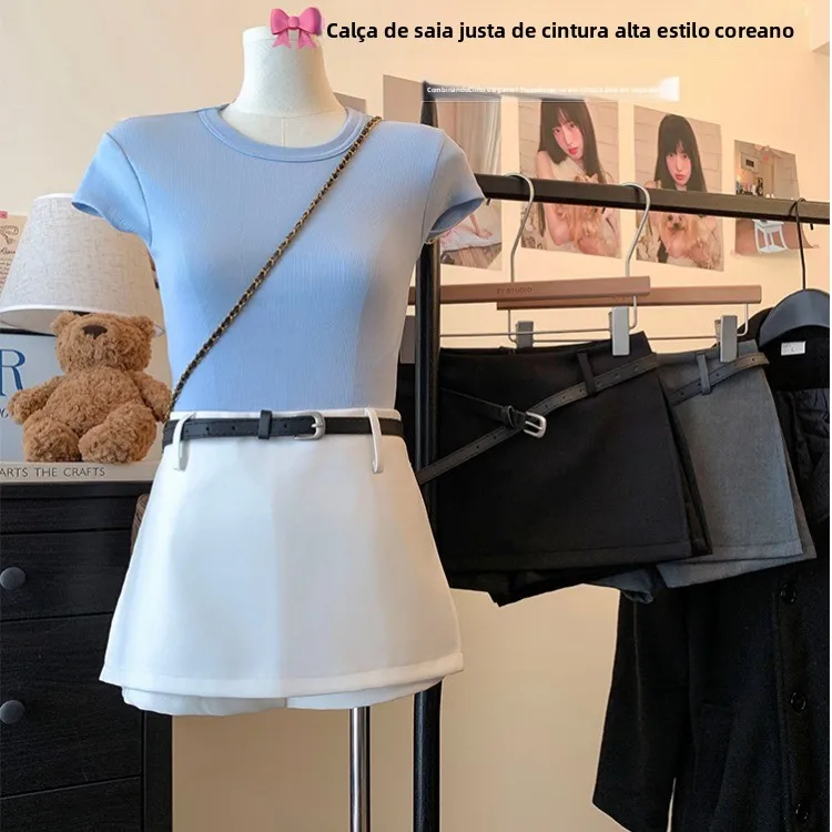 Saia  em A de Cintura Alta com Calças de Segurança Embutidas, Saia Curta Estilo Spicy Girl, Saia de Crimento Médio em ...