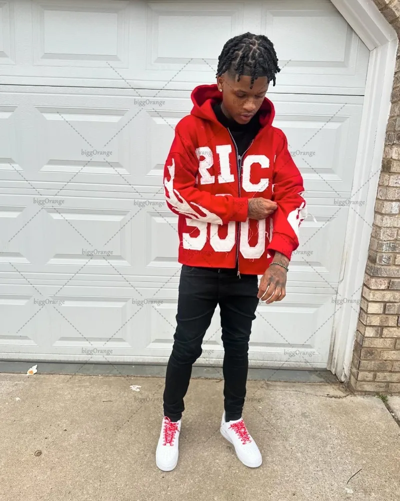 Chaqueta Retro Harajuku europea y americana, sudadera con cremallera bordada con letras, sudadera de gran tamaño versátil a la moda para hombres y mujeres