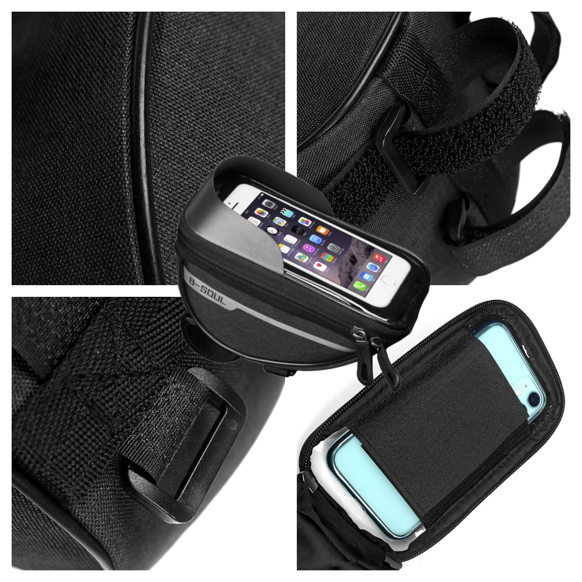 Die Fahrradtasche bietet Platz für Mobiltelefone, die auf Fahrrädern installiert werden. Praktisch und einfach zu bedienen