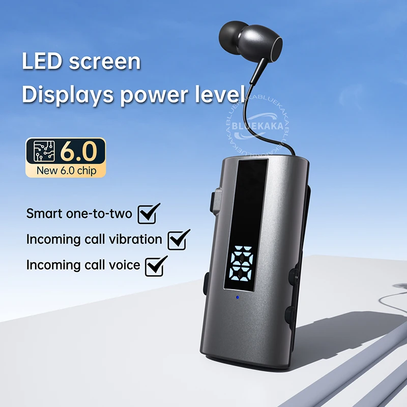 2IN1 Bluetooth 6.0 Lavalier Business Wireless Headset Remote Selfie Camera LED Digital Display With Mic HiFi Music 50h Call 30h