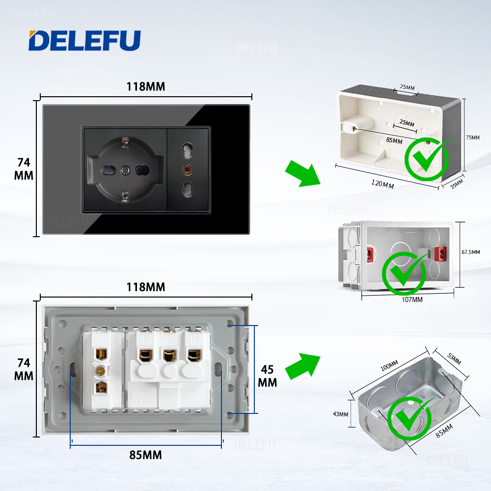 DELEFU Черное закаленное стекло Италия USB TypeC Настенная розетка для быстрой зарядки Schuko Tuya Wi-Fi Smart Switch Sat TV Tel Doorbell Чили
