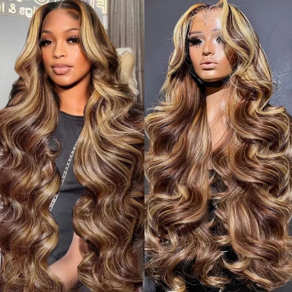P4/27 mettre en évidence Ombre brun vague de corps 13x6 perruque de cheveux humains couleur blond miel 13x4 HD dentelle pré-plumée 40 50 pouces perruques pour les femmes