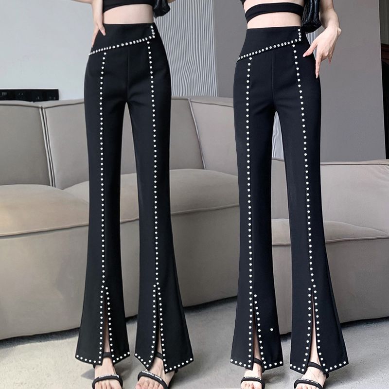Korean Fashion Frauen Schwarz Flare Hosen Frühling Herbst Neue Schlanke Hohe Taille Streetwear Casual Split Alle-spiel Y2K Diamant hosen
