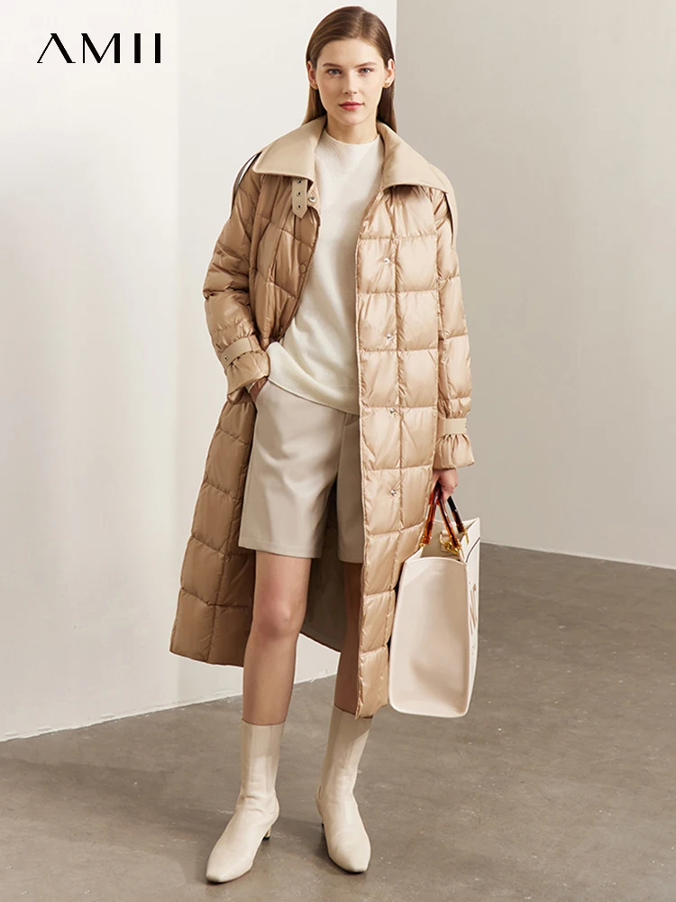 AMII-Chaqueta minimalista de plumón de pato para mujer, Parka larga con cinturón, cuello levantado, moda de calidad, prendas de vestir exteriores de invierno 2023 12344165