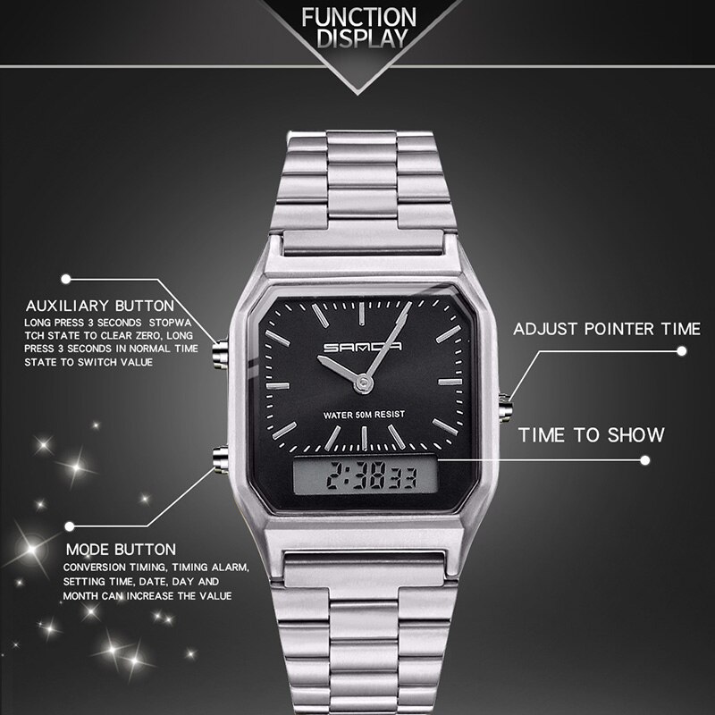 サンダ高級メンズgスタイル時計ステンレススチール女性ledデジタルデュアルディスプレイ時計男女兼用防水スポーツクォーツ時計