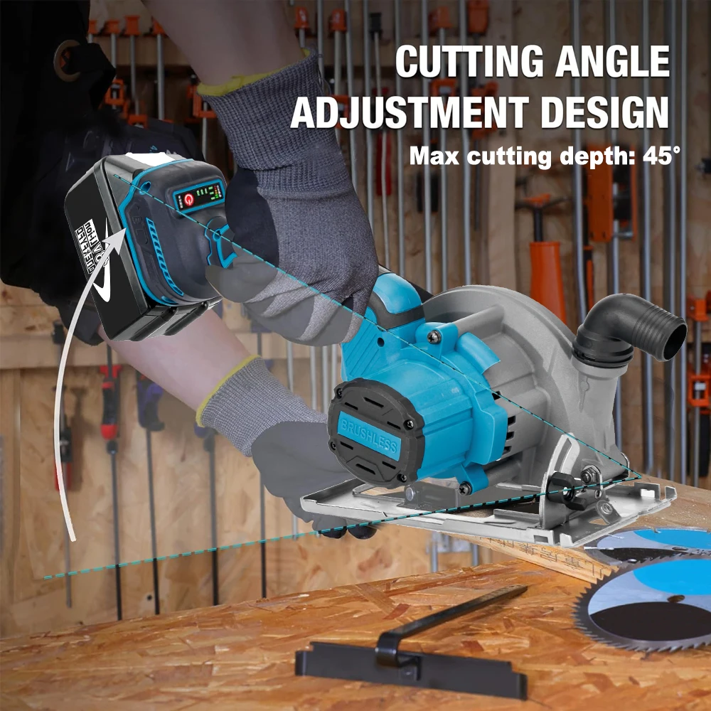 ONEKFYFD Brushless 6In Electric Circular Saw 150mm Cordless 45° Adjust Woodworking Power Tools for Makita 18V Lithium Battery