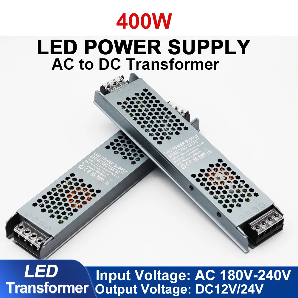Adaptador de alimentação led silencioso ultrafino ac 180v-240v 400w dc 12v/24v transformador de iluminação led adequado para barras de luz led/tela
