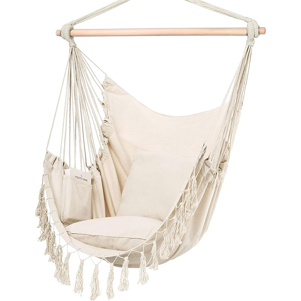 Columpio de cuerda colgante para silla hamaca, máximo 500 libras, 2 cojines incluidos, silla colgante grande de macramé con bolsillo, tejido de algodón