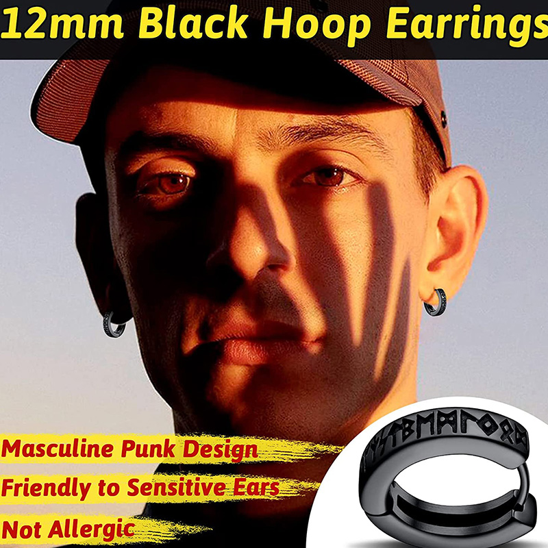 Orecchini a cerchio con runa vichinga norvegese in acciaio inossidabile per uomo donna unisex 12 mm Huggie Hoop orecchino religioso gioielli