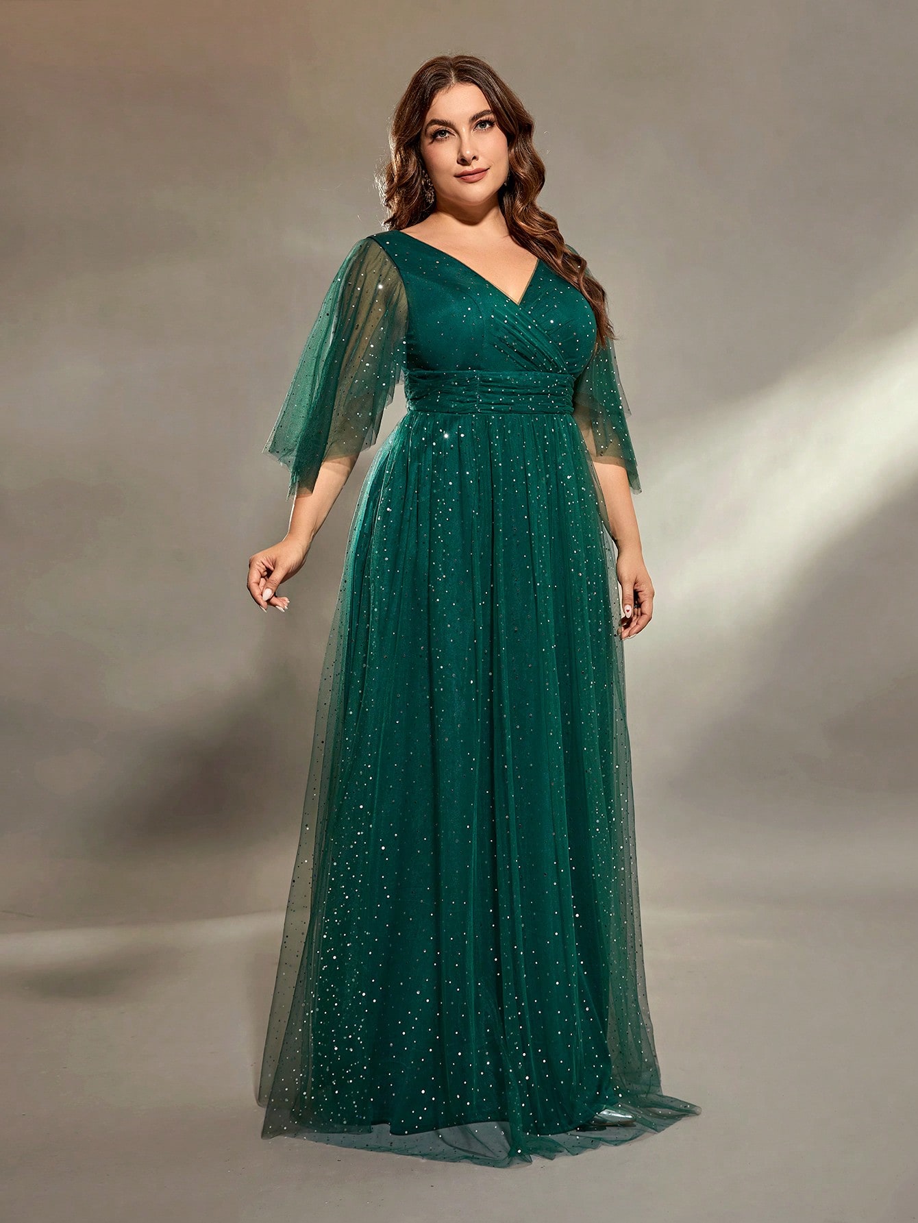 Mgiacy plus size decote em v cruz peito pregas irregular manga longa rede de filé uma saia completa vestido de noite vestido de baile vestido de festa