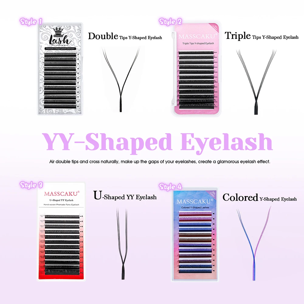 MASSCAKU U Shape YY Eyelash 0.07mm Thickness Mix Length Y Design Lashes Extension Comfortable Lightweight Easy Application Lash