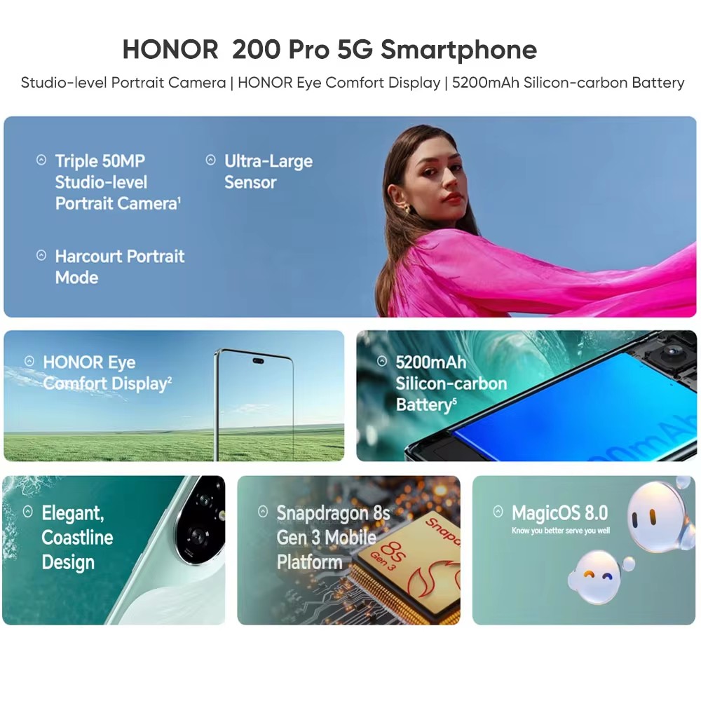 2024 New Global Version HONOR 200 Pro Smartphone 50MP Camera 100W Charge 5200mAh Battery  6.78" AMOLED 120Hz Snapdragon 8s Gen 3