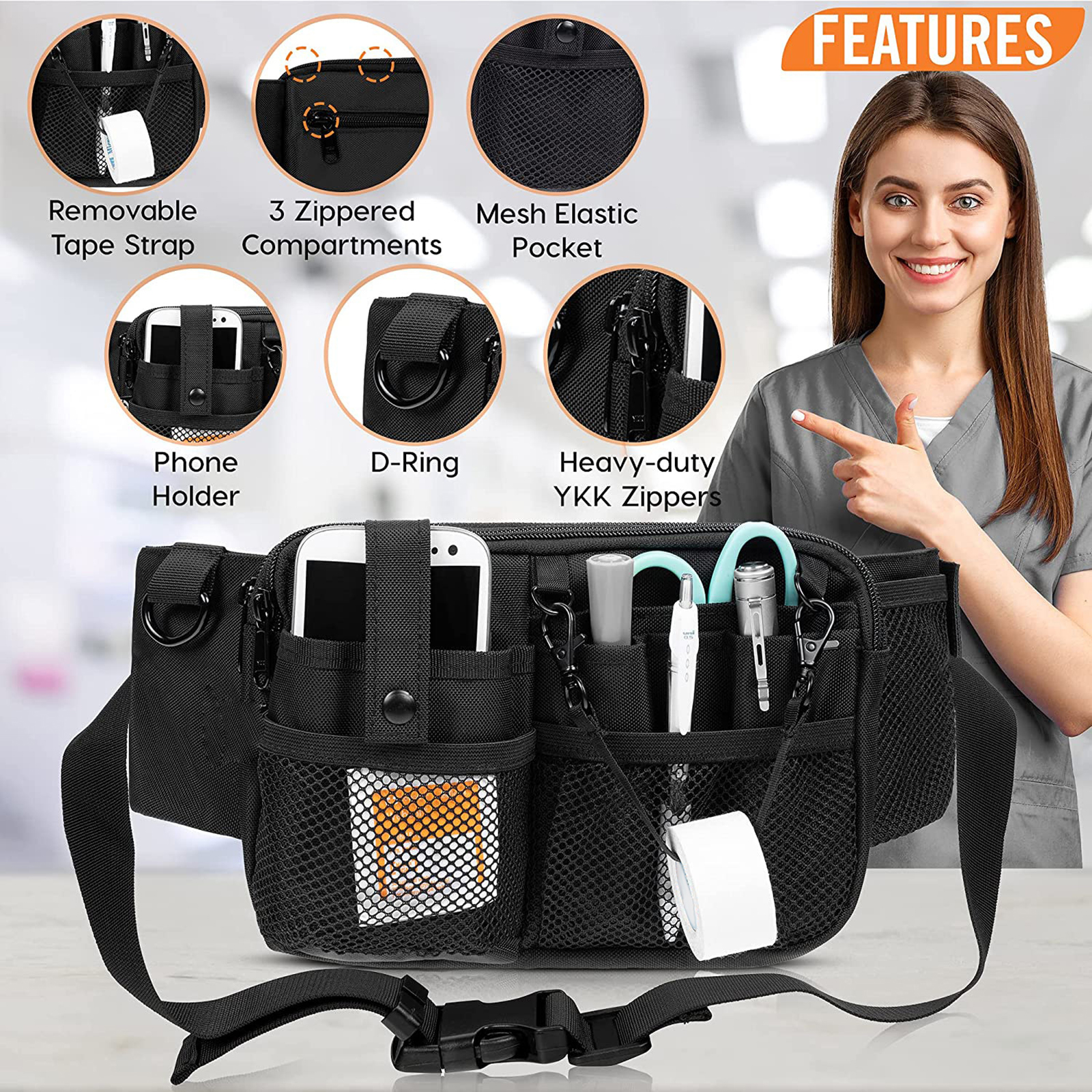 Multi Compartment Gear Pocket Nursing Organizer Belt Bag Utility Waist Pack Nursing Bag for Pen Women Work Supplies Men Scissors