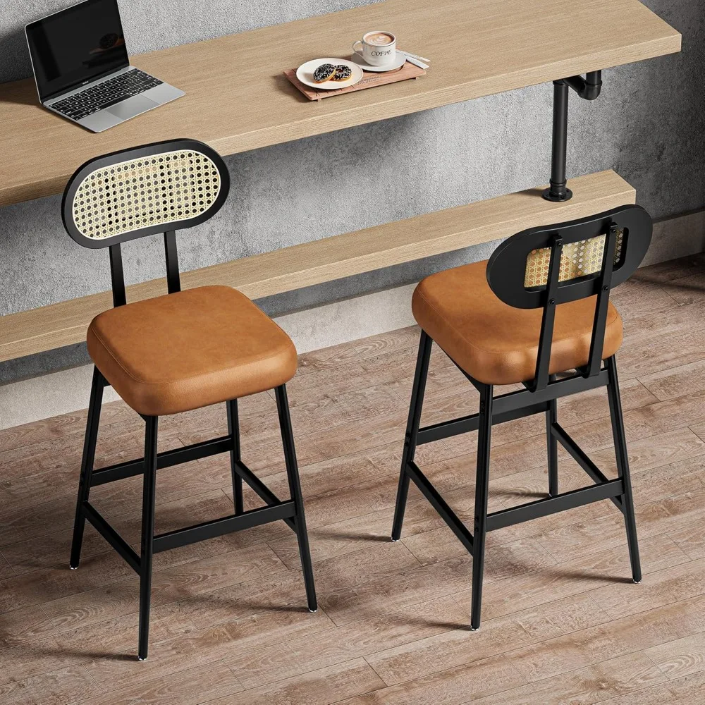 30" Counter Height Bar Stools (Set of 2): Modern PU Leather, Rattan Back, Wide Seat