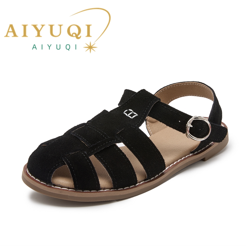 AIYUQI แบน soled Retro ของแท้หนัง Baotou รองเท้าแตะผู้หญิง 2025 ใหม่ Hollow Pig CAGE ผู้หญิงรองเท้าแตะ