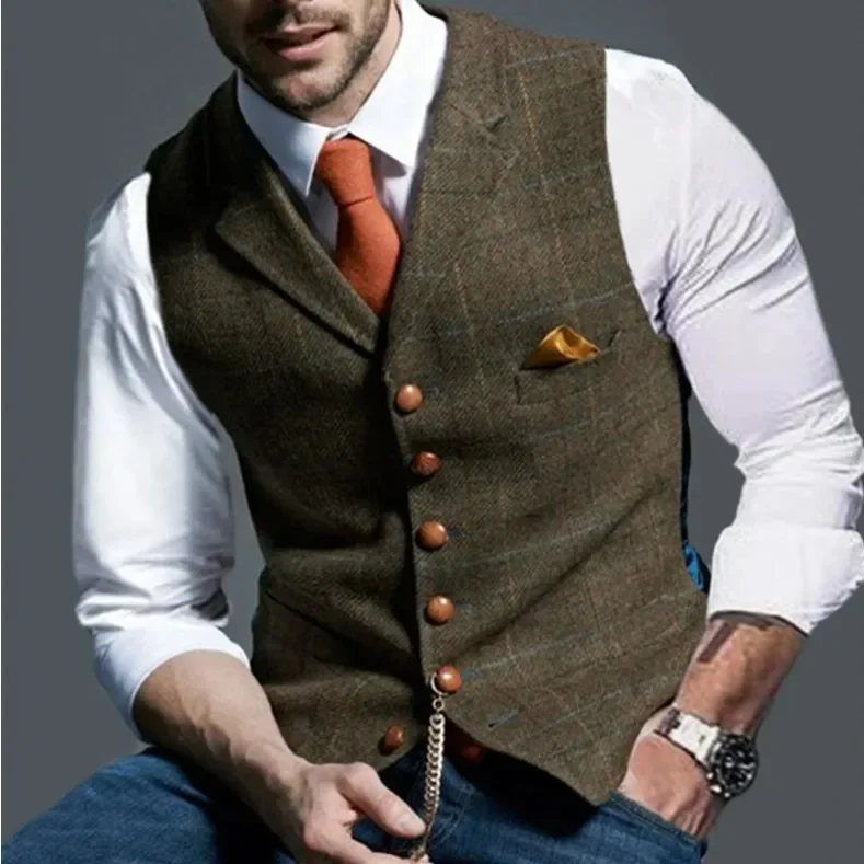 Herren Casual Classic Anzugweste Retro Herringbone Revers Baumwollmischung Tweed Slim Business Pendleranzug Gefütterte Weste S-3XL