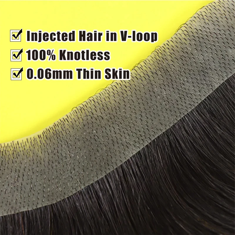 100% Human Hair Natural Black Men V Loop Front Toupee Hairline Front Male Replacement System PU Hairpiece Invisible Extensions