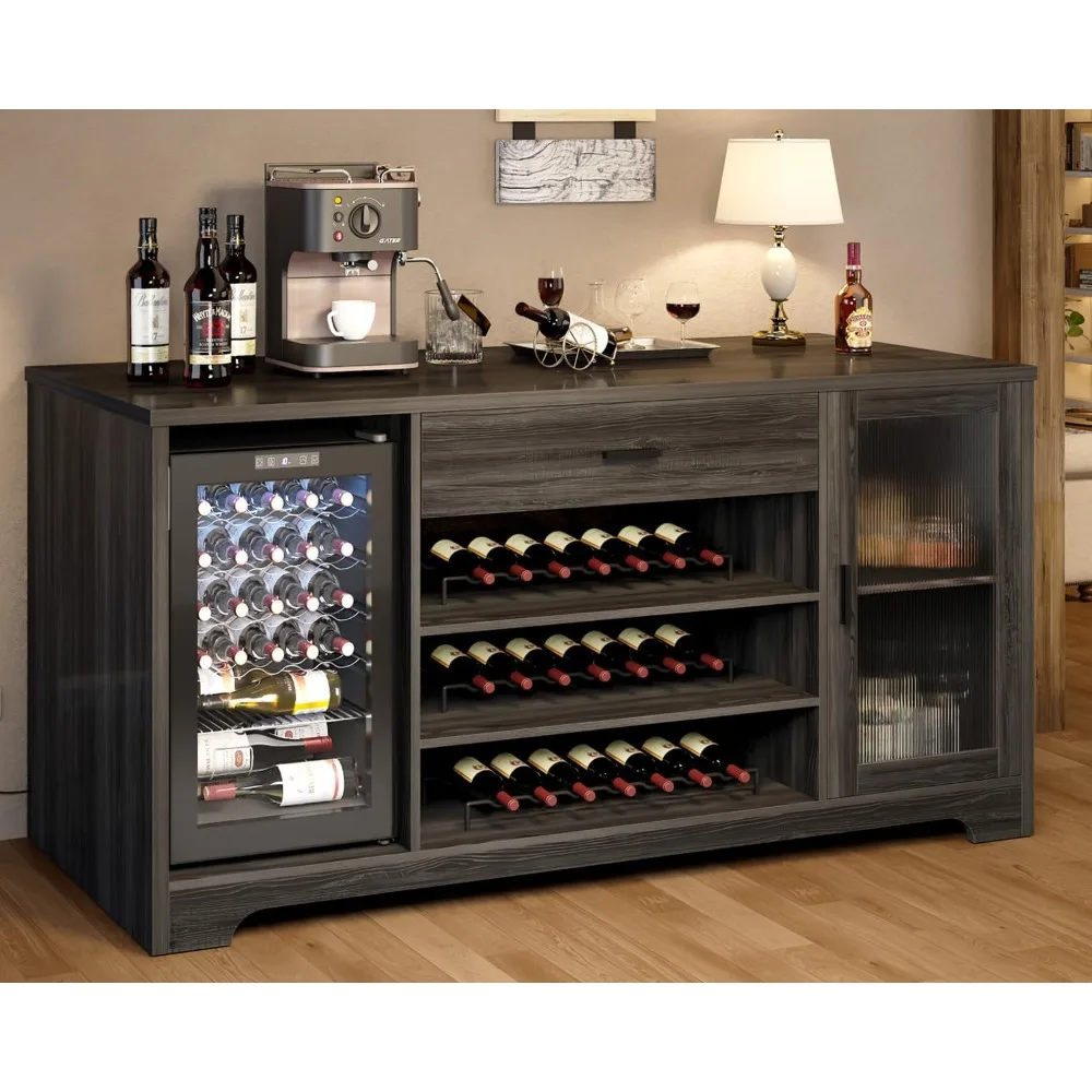 Coffee Bar Cabinet with Wine Mini Fridge Space, Farmhouse Large Liquor Cooler Cabinets with Drawer Storage Rack, Modern Wood Me