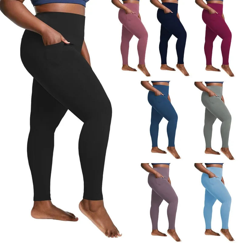 „Damen-Yoga-Leggings in Übergröße mit hoher Taille und Taschen |   Bauchkontrollierende, hüftbetonte Workout-Strumpfhose in einfarbigen Farben für das Fitnessstudio