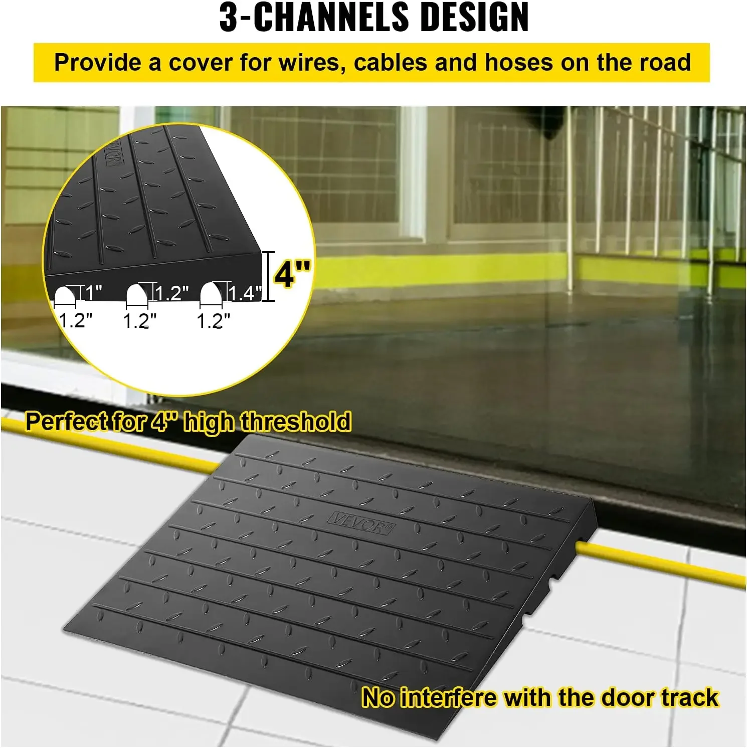 Rubber Threshold Ramp, 4" Rise Threshold Ramp Doorway, 3 Channels Cord Cover Rubber Solid Threshold Ramp