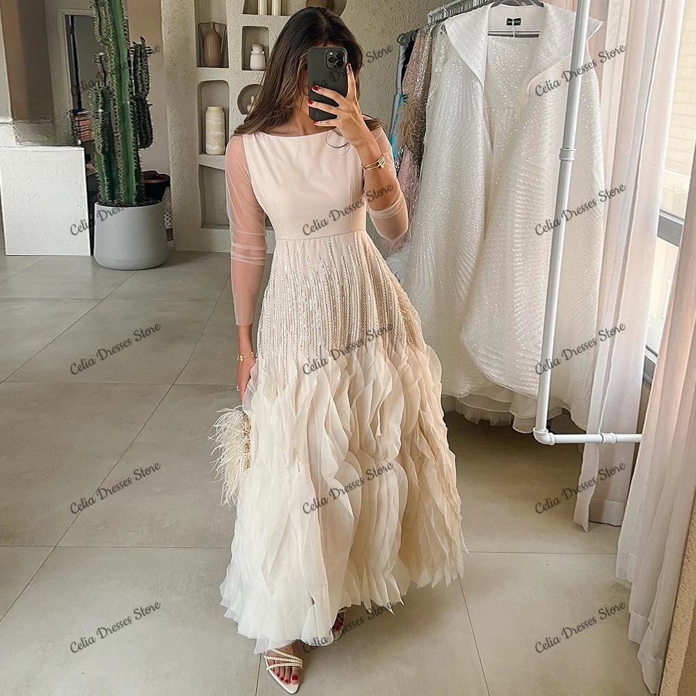 ที่กําหนดเองประณีต A-Line Tulle Scoop ชุดราตรี Elegant ดูผ่านแขนยาว Sequined Ruffles ชุดอย่างเป็นทางการ