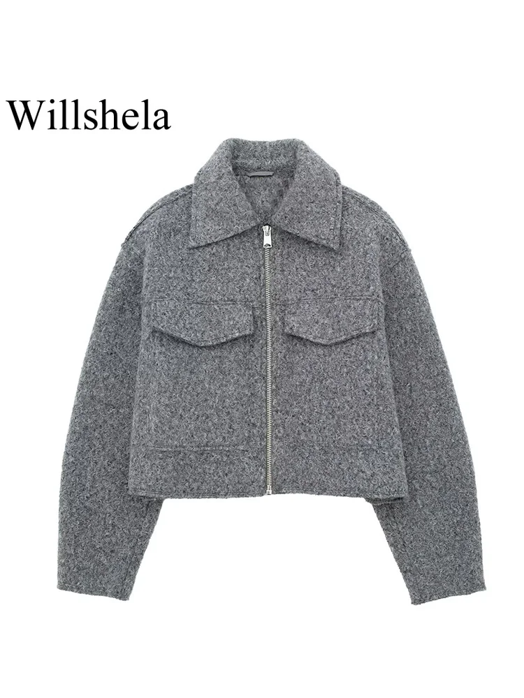 Willshela moda feminina com bolsos cinza frente zíper jaquetas vintage lapela pescoço mangas compridas feminino chique senhora outfits